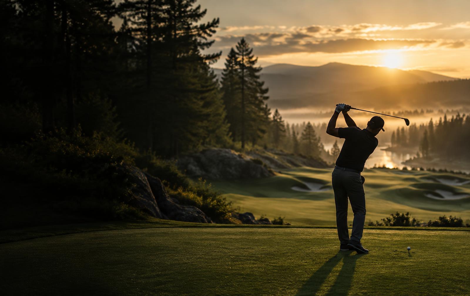 Golfer at the top of the backswing on a fairway at sunset